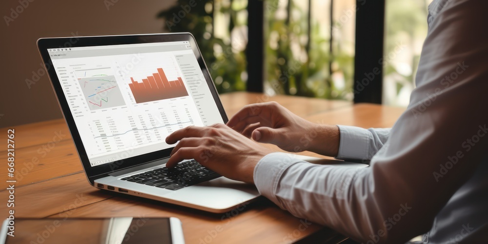 Fototapeta premium A male hands with laptop. Trading cryptocurrency and securities. Financial analyst works in front of laptop monitor. Track quotes in real time. Close up photo.