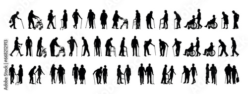 Elderly senior people with walking aid silhouette set collection. Young person helping senior person with walking aids vector silhouette set. 