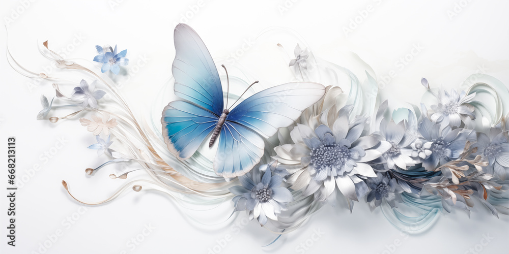 Blue butterfly and flowers on a white background