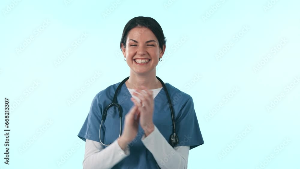 Happy woman, doctor and applause in celebration, thank you or success against a studio background. Portrait of female person, medical or healthcare nurse smile and clapping in happiness for promotion Happy woman, doctor and applause in celebration, thank you or success against a studio background. Portrait of female person, medical or healthcare nurse smile and clapping in happiness for promotion