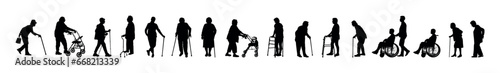 Elderly senior women with walking aids silhouette set collection. Set of old lady use walking aid flat vector silhouette.