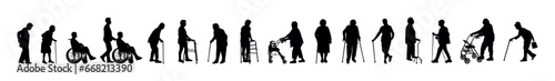 Elderly senior women with walking aid silhouette set collection. Set of old lady use walking aid equipments flat vector silhouette.