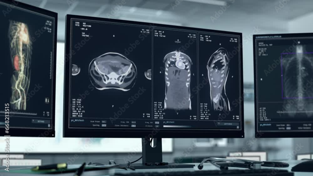 Medical research scanner examining the patients body at the hospital. Medical research scanner studying the chest organs. Medical research scanner imaging the human chest cavity. Healthcare.