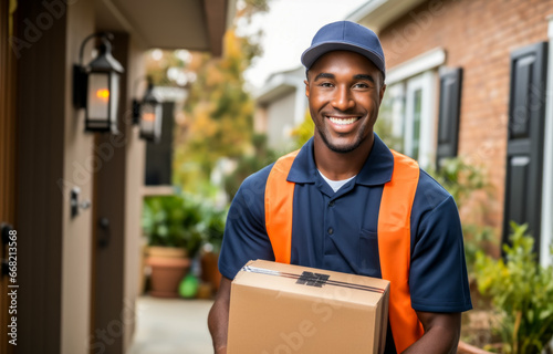 Portrait of smiling delivery man holding parcel