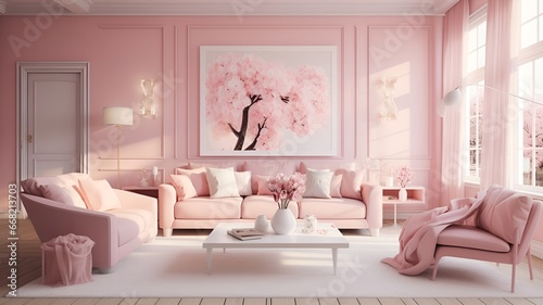 A light pink colored modern sofa in a pink walls living room with decor,table,big windows, mock up. 