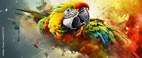 Colorful macaw parrot on abstract background with grunge effect