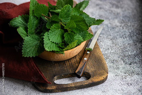 Close-up of a bowl of fresh nettle leaves on a chopping board photo
