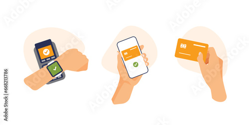 Contactless payment by phone or smart watch. Mobile online banking app and electronic wallet. Hand holds credit card near the pos terminal to pay. Financial vector illustration set in a trendy style.