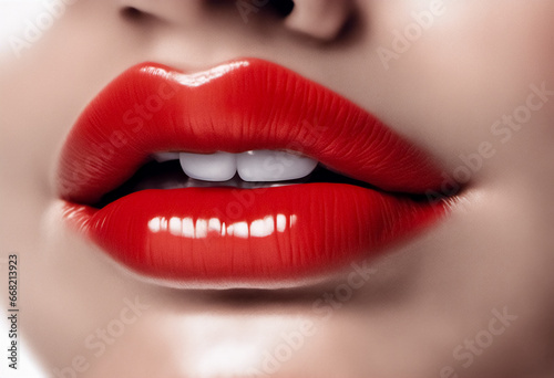 Rossetto rosso brillante in primo piano, labbra femminili photo