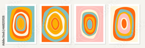 Minimalist geometric poster design. Mid century modern Bauhaus style inspired artwork. Vector abstract art set with circles in pastel pink, yellow, blue, orange and off white.
