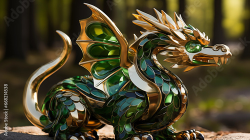 Mystical illustration of a green and golden dragon statuette. Wallpaper, background.