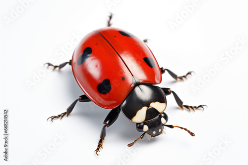 Hyper-Detailed Photorealistic Close-Up: Crimson and Deep Emerald Ladybug on a Pure White Background – Realistic Macro Photography of Accurate and Detailed Insect Beauty