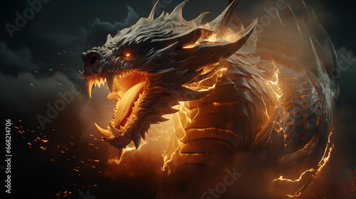 Mystical illustration of a burning dragon. Wallpaper, background.