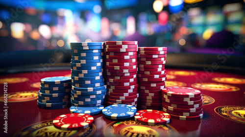 Casino table with red and blue chips
