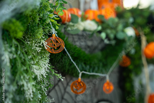 Halloween celebrated ,Close up of Holiday, Skull ,Pumpkins decoration and party concept balloon pumpkin for halloween in home interior, modern loft style or coffee shop at the cafe photo