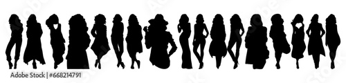 Woman fashion model silhouettes set, large pack of vector silhouette design, isolated white background.