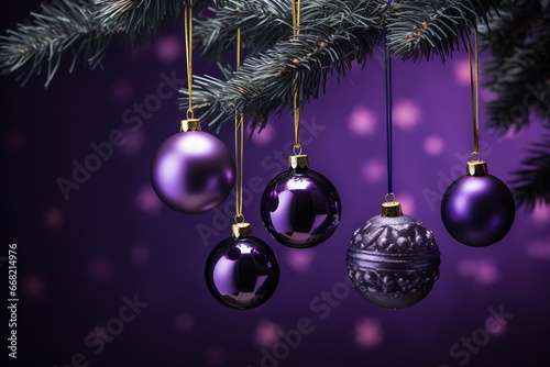 Set of Christmas toys hanging on dark purple background