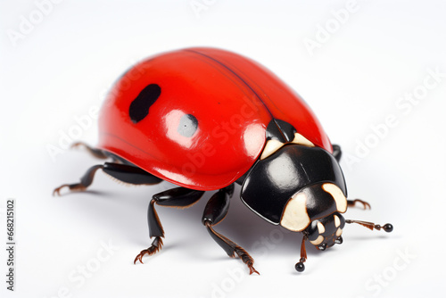 Hyper-Detailed Photorealistic Close-Up: Crimson and Deep Emerald Ladybug on a Pure White Background – Realistic Macro Photography of Accurate and Detailed Insect Beauty