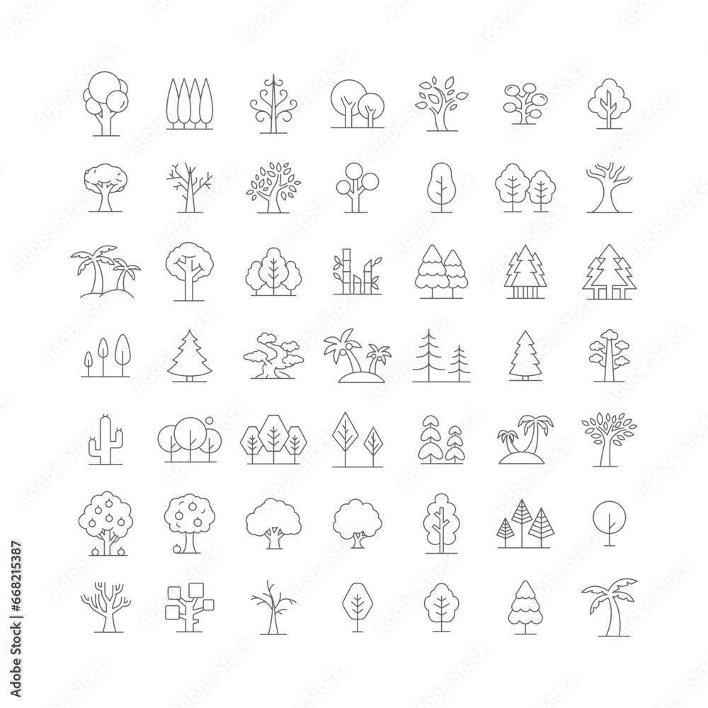Tree icon set. Simple outline style. Forest, park and garden trees, nature concept. Thin line symbol. Vector illustration isolated. Editable stroke.