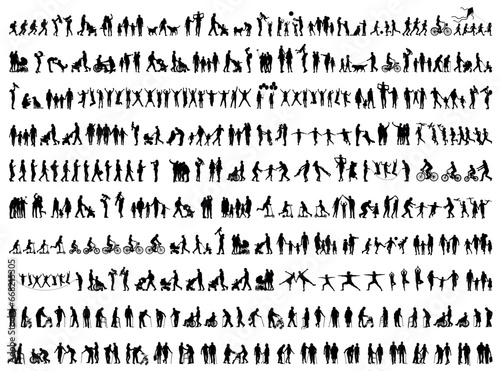 People of all ages outdoors activities hobbies sports and recreation together vector silhouette set collection. Family outside recreation activities vector silhouette large set.