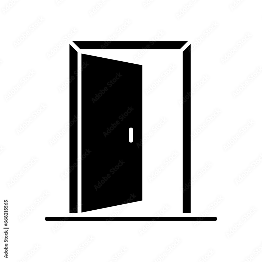 Opened door icon. Simple solid style. Door, open, enter, exit, entrance, house, home interior concept. Silhouette, glyph symbol. Vector illustration isolated. Opened door icon. Simple solid style. Door, open, enter, exit, entrance, house, home interior concept. Silhouette, glyph symbol. Vector illustration isolated.