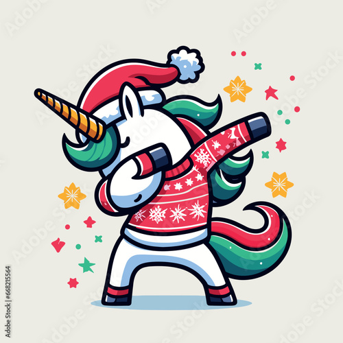 Cute unicorn Christmas dabbing dance illustration graphic on a white background