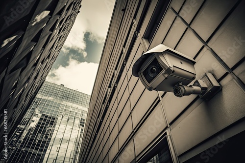 Street surveillance camera on building, CCTV cameras. Generative AI photo