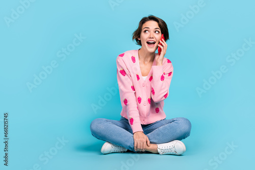 Full length body photo of young dreamy funky female student hold phone calling mommy celebrate birthday isolated on blue color background