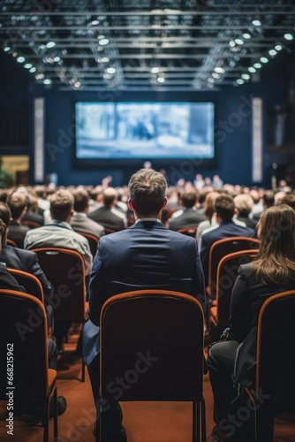 Crowded Audience at a Business Conference, Corporate Delegate Watching Inspirational Entrepreneurship Presentation About Developing Markets and Financial Opportunities. photo