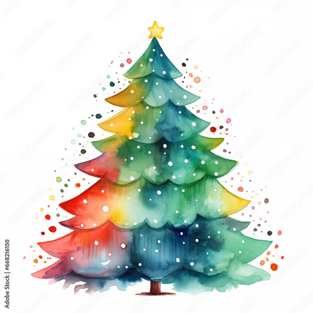Colorful watercolor illustration of a Christmas tree in rainbow colors