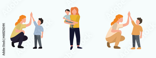 Mother and son happy playing vector illustration set. mother high fives with son. Mother holding baby boy. Bonding mother and son