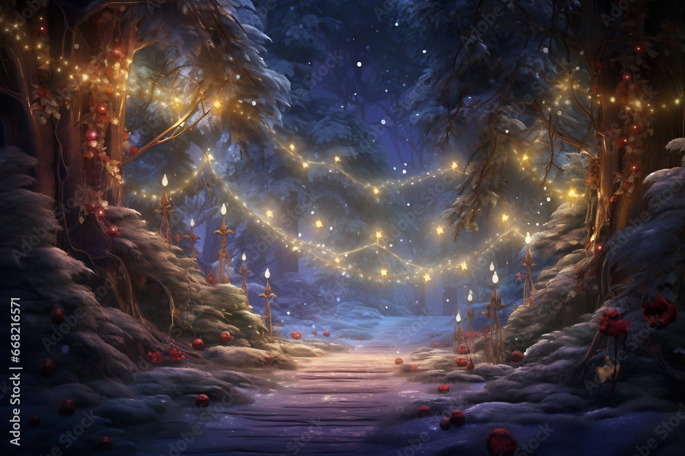 Night winter forest fantasy landscape with a Christmas decorated tree. Festive bokeh lights, dark forest, warm lights Night winter forest fantasy landscape with a Christmas decorated tree. Festive bokeh lights, dark forest, warm lights