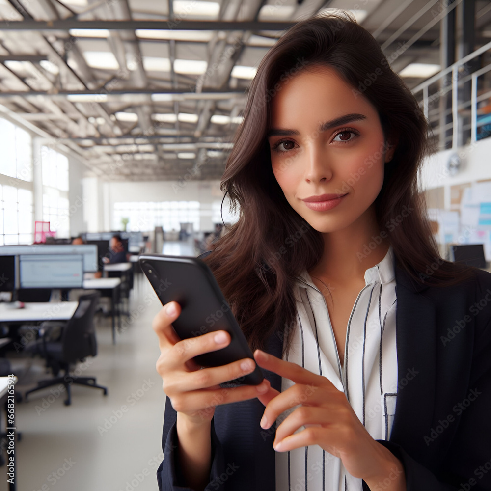 business girl holding smartphone on office background business girl holding smartphone on office background