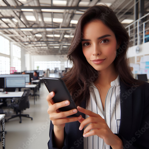 business girl holding smartphone on office background