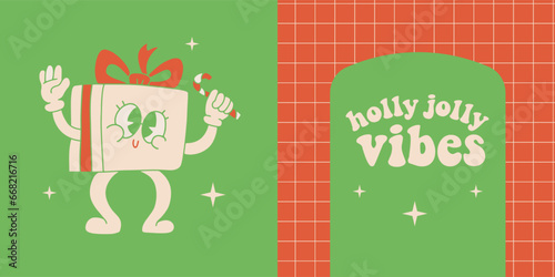 Duotone cards with Retro Cartoon funny gift box Christmas character and vintage groovy quote - Holly Jolly vibes. Vector hand drawn red and green illustration.