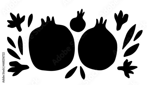 Pomegranate  hand drawn set. Silhouette isolated on white background. Fruits with leaves vector element. Garnet icons.