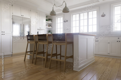 White U-shaped kitchen with windows  kitchen appliances and utensils. 