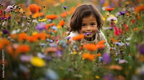 Child play in flower field