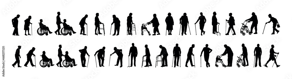 Old senior people use walking aids vector silhouette set collection.