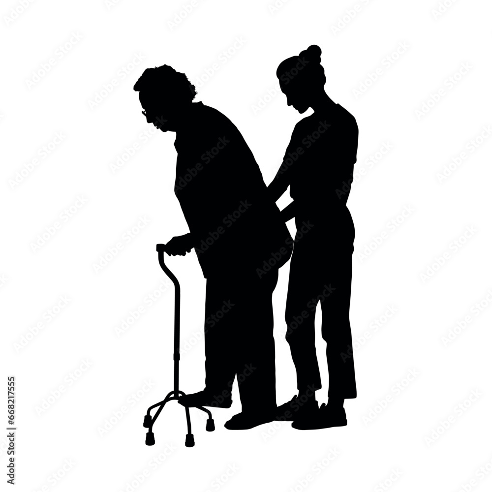 Girl helping senior woman to walk using walking aid black silhouette.