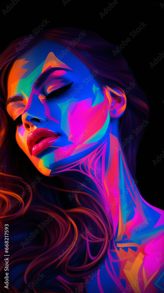 lindo corpo feminino beleza contorno de rosto neon, contornos brilhantes, marcador vibrante