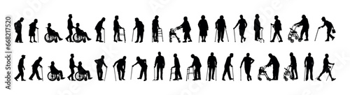 Old senior people use walking aids vector silhouette set collection.