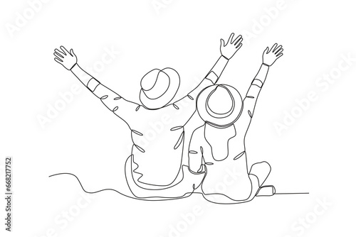 A couple's honeymoon happily. Honeymoon one-line drawing