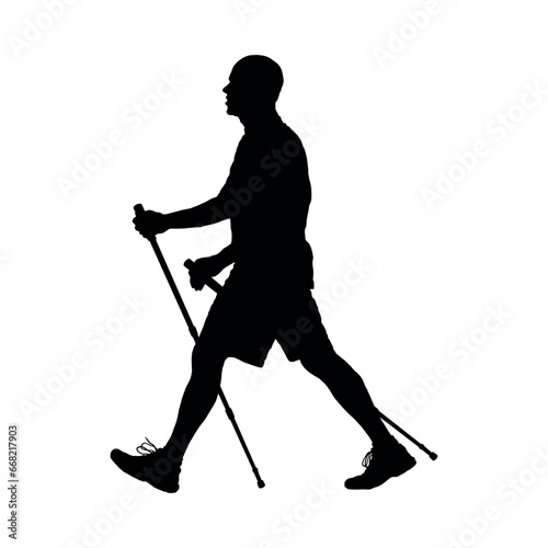 Man walking with two sticks side view vector silhouette. Old man doing nordic walking vector silhouette.