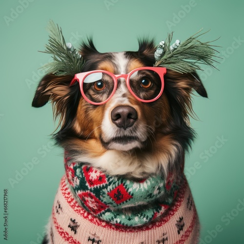 Cute dog in knitted Christmas sweater © Yulia Furman