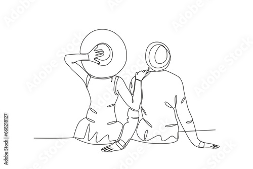A couple on vacation wearing beach hats. Honeymoon one-line drawing