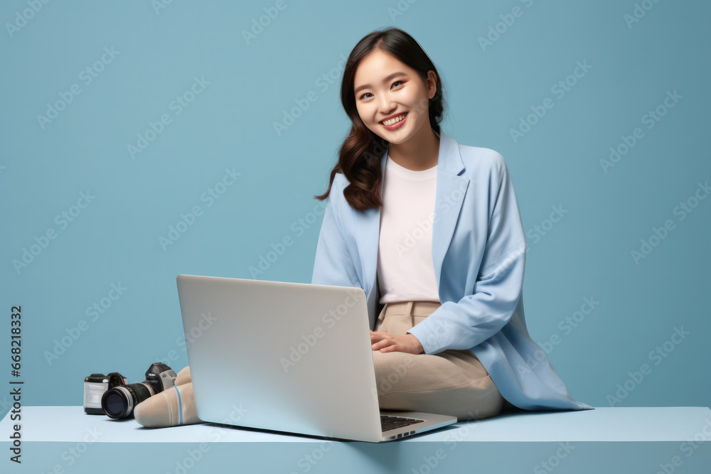 Happy Asian Woman Smiles While Using Laptop on Soft Pastel Background Happy Asian Woman Smiles While Using Laptop on Soft Pastel Background
