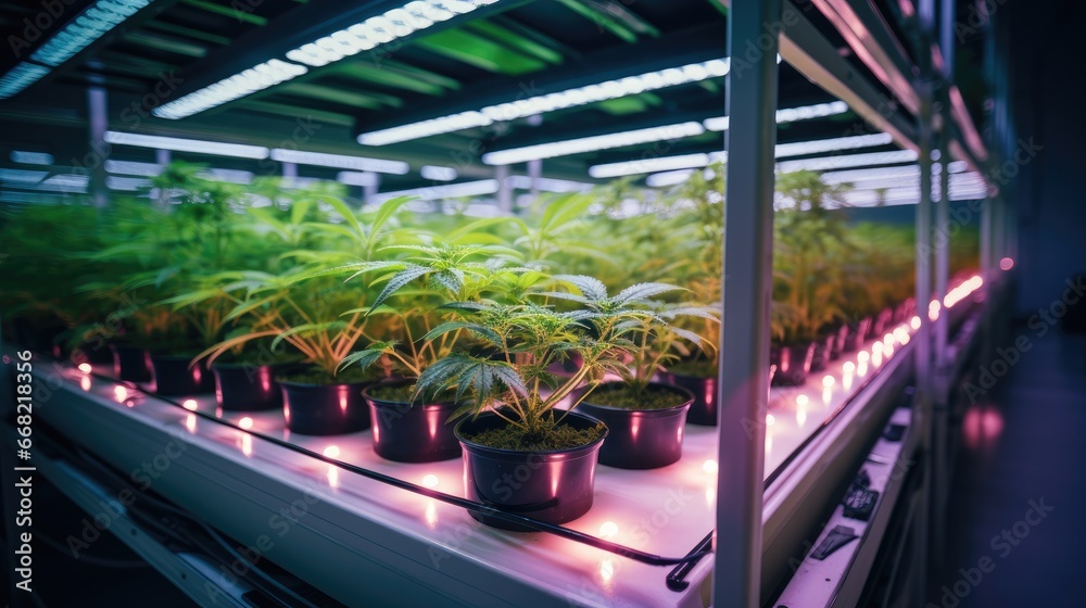 Lighting and spectrum from LED in cannabis greenhouse. Cannabis farming control environment for medical industry, Pharmaceutical industry. - obrazy, fototapety, plakaty 