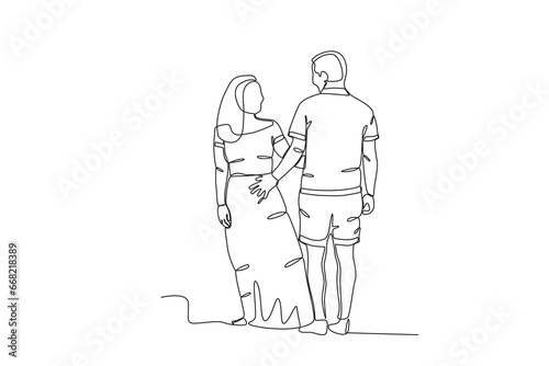 A couple stares at each other romantically. Honeymoon one-line drawing