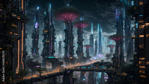 futuristic cyberpunk city metropolis filled with skyscrapers and trees